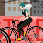 Midlife woman on bike | Illustration for CrunchyTales.com by Stefania Tomasich