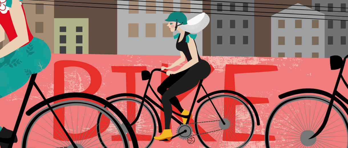 Midlife woman on bike | Illustration for CrunchyTales.com by Stefania Tomasich